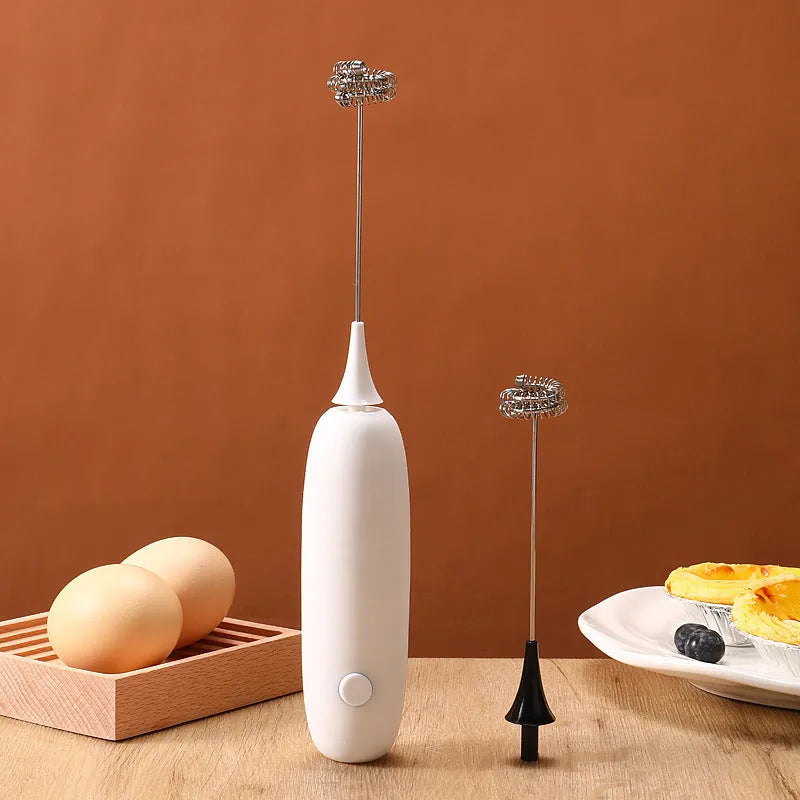 Black and white hand-held electric milk frother blender modern simplicity design