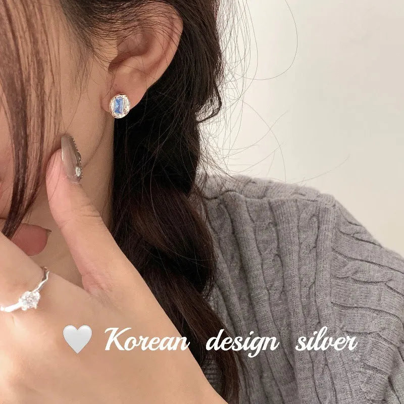S925 sterling silver oval blue diamond heart-wrapped earrings silver colour geometric shape