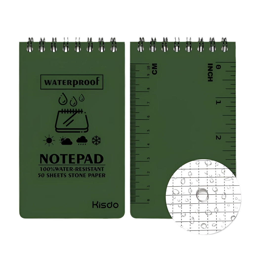 Spiral-bound waterproof office notepad with stone paper pages, shown in camouflage colour option.