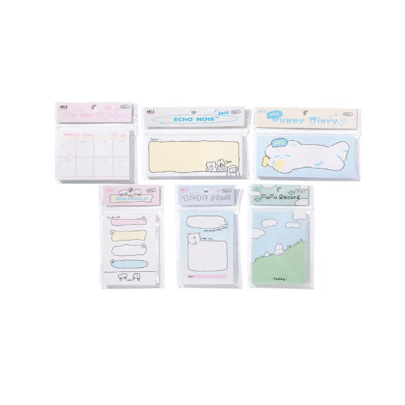 Cute cartoon hand account collage design sticky note pad in one of six styles, showing three size examples.
