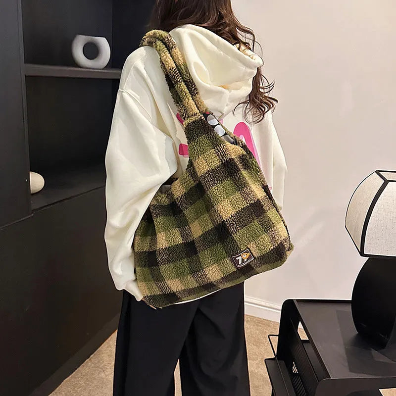 Women's plush plaid crossbody tote bag in Army Green colour showing 40x44x9cm dimensions and internal zipper pocket