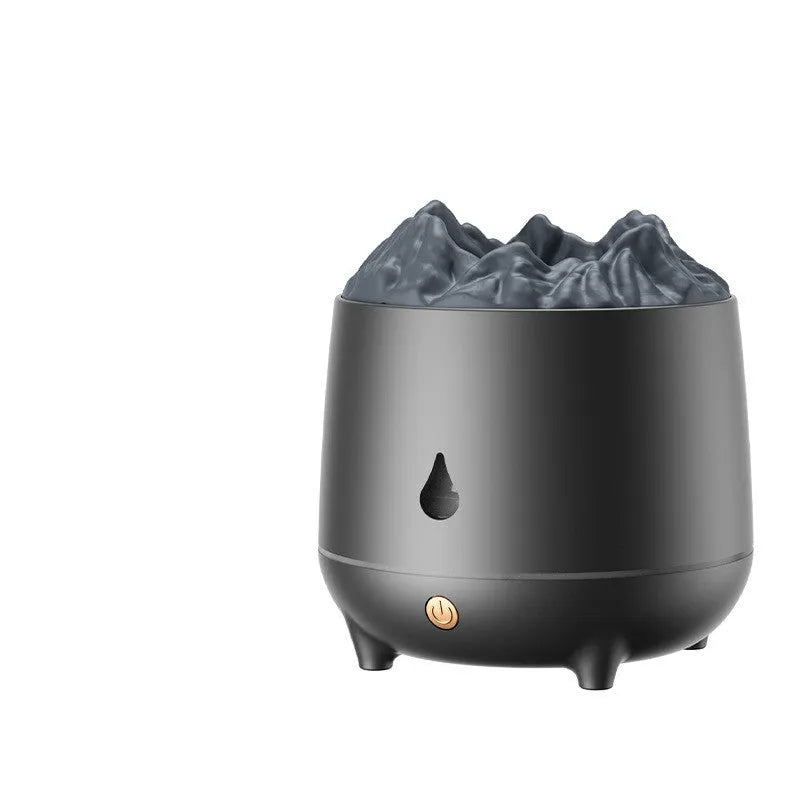 Volcano-shaped white humidifier with USB cable and mist rising from single outlet