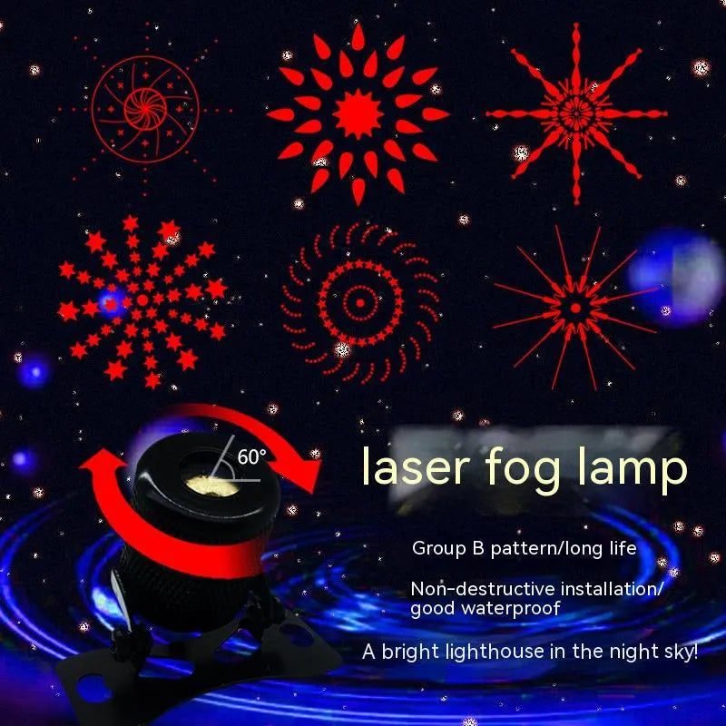 Aluminium housing laser fog lamp with red beam, showing adjustable mount and wiring for 12-24V vehicles.
