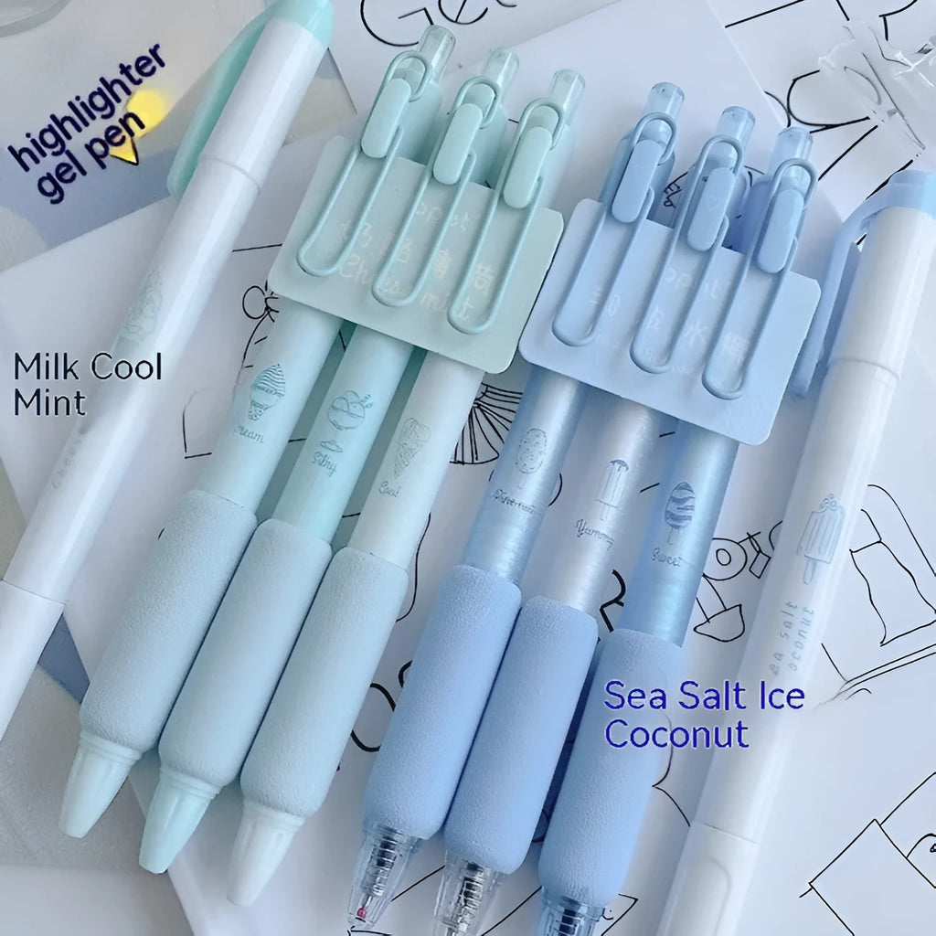 Four double-headed fluorescent calligraphy pens with sponge press design in cheese mint and sea salt ice cup colours