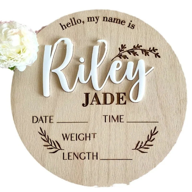 15cm square wooden newborn name label with engraved birth information on plywood