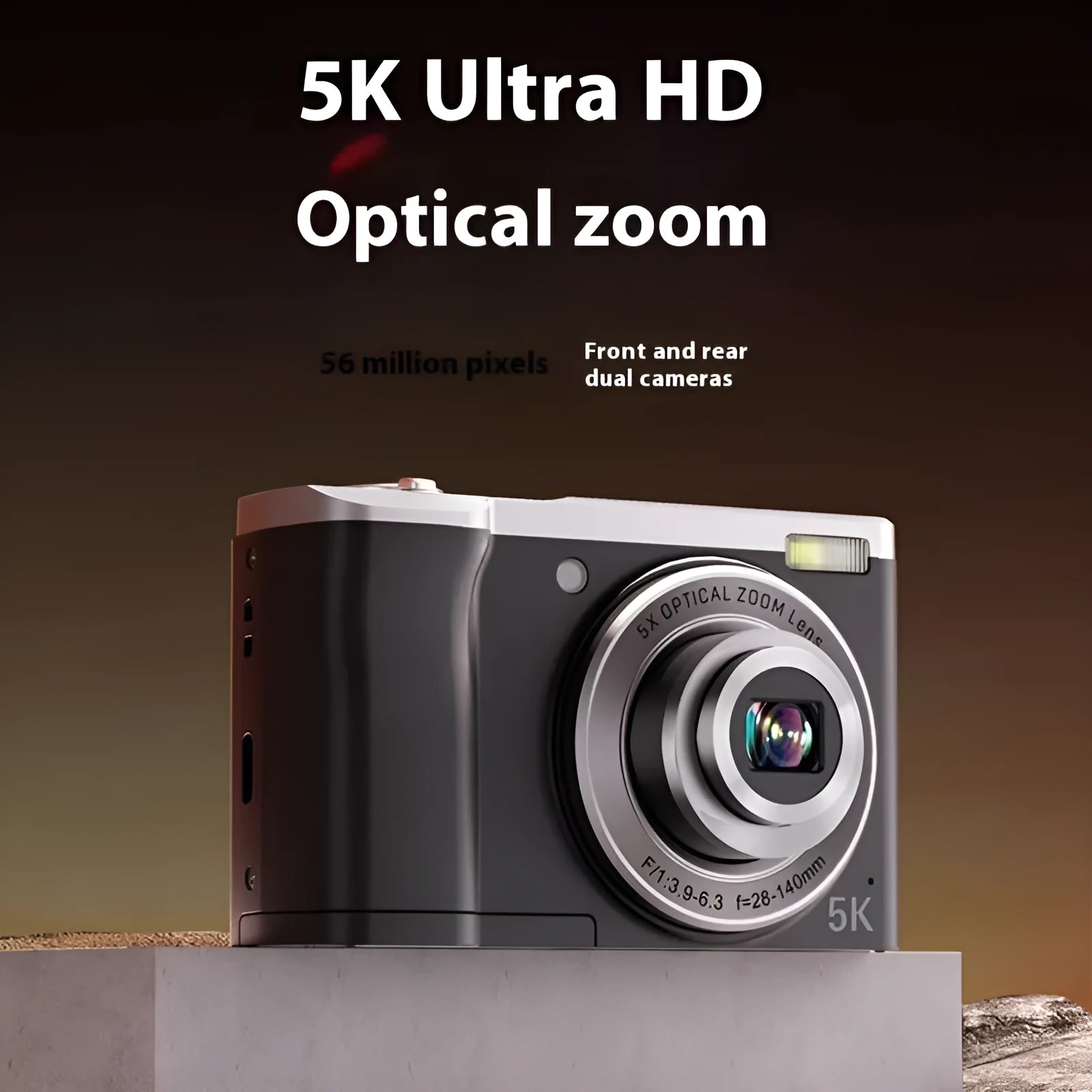 5K HD digital camera with optical zoom in black ABS body side view