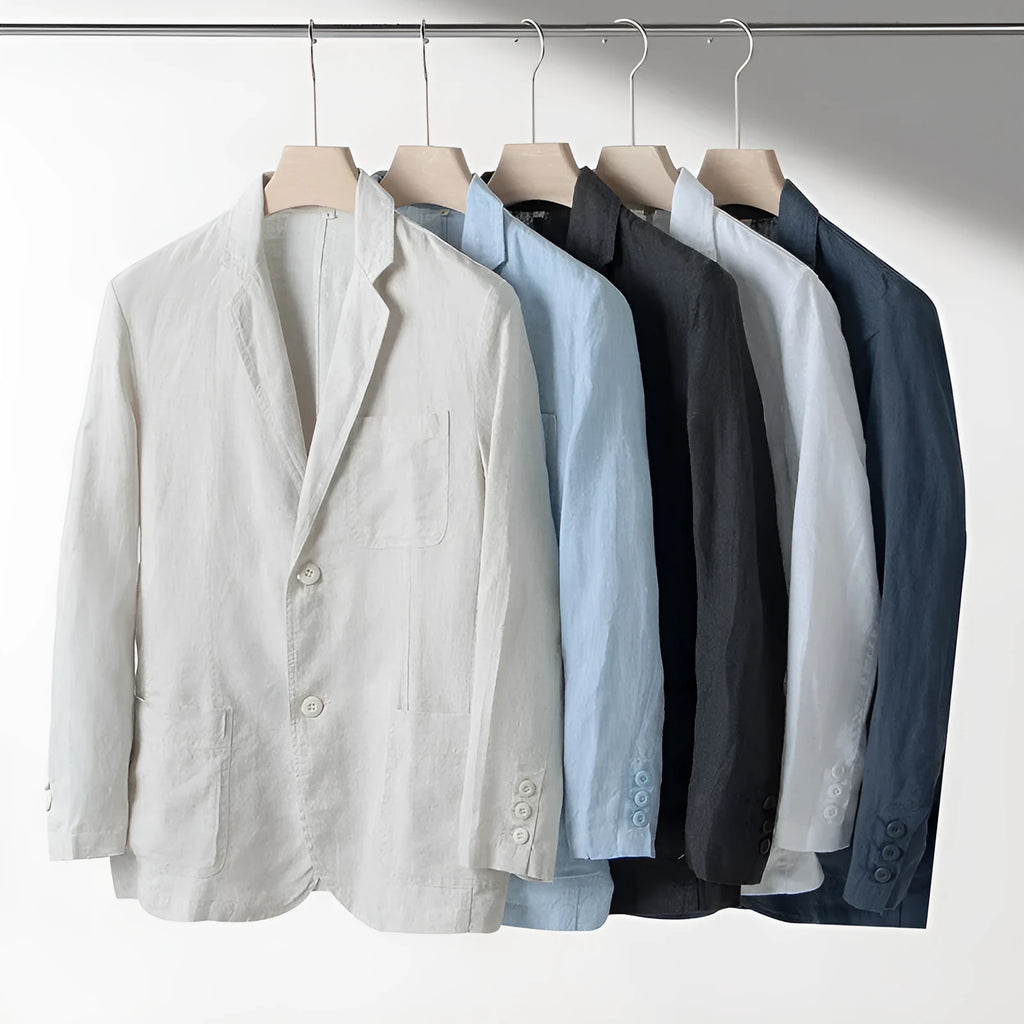 Men's casual linen suit jacket in solid colours showing loose fit and long sleeve design