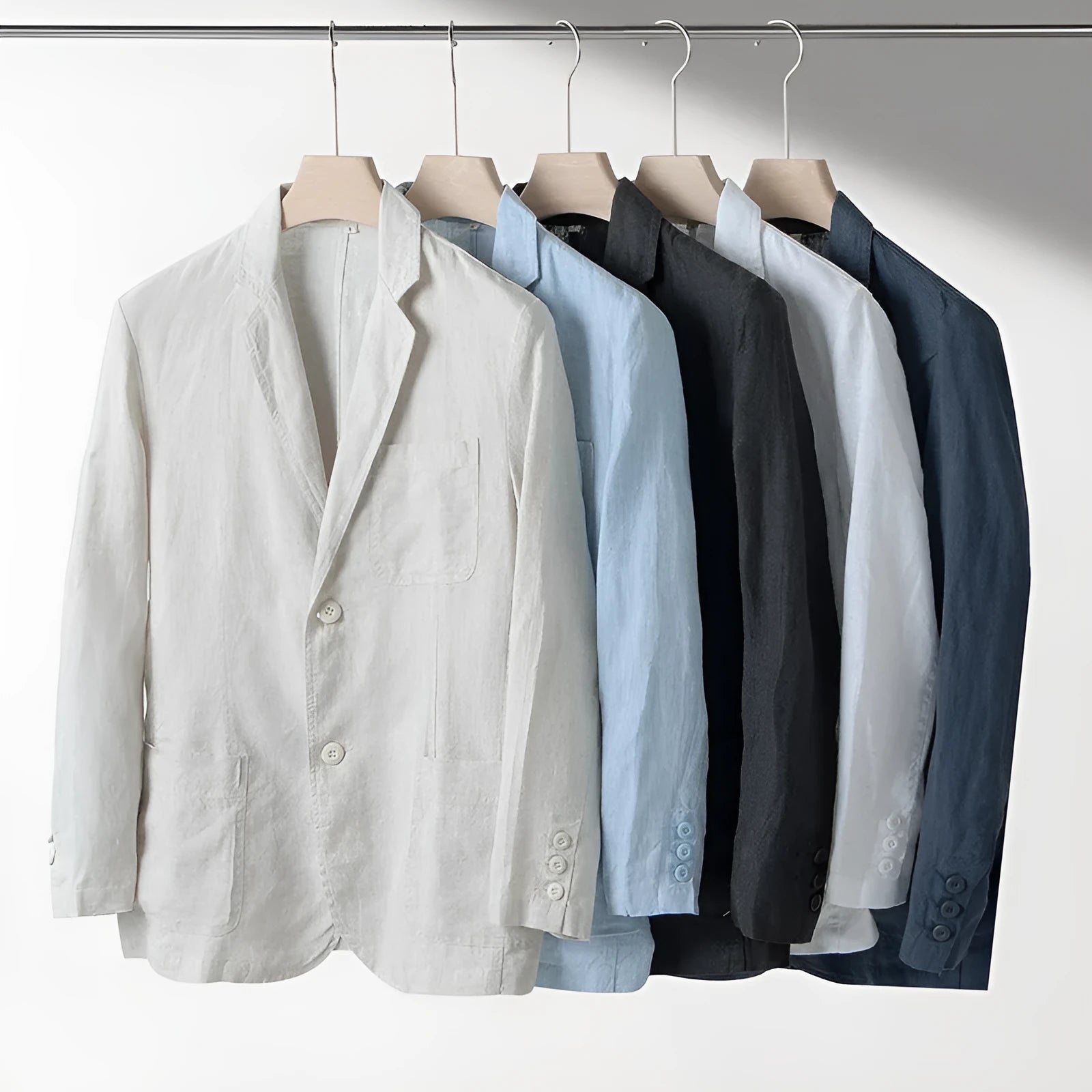 Men's casual linen suit jacket in solid colours showing loose fit and long sleeve design