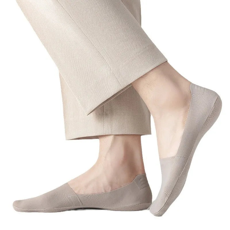 Men's invisible low cut socks with cotton bottom and ice silk, shown in black, gray, navy, khaki, white and green.