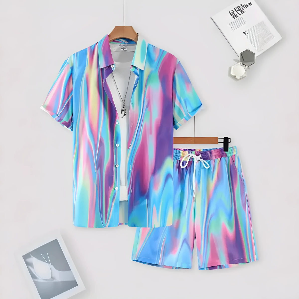 Men's printed short sleeve shirt and shorts summer casual leisure outfit