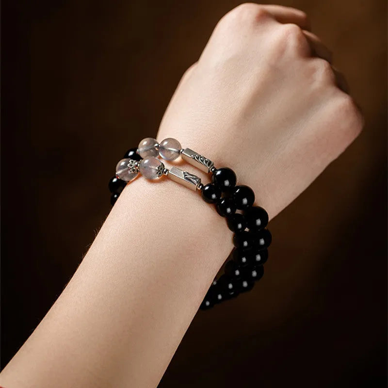 Obsidian Buddha beads couple bracelet DIY kit showing 8mm and 10mm beads for women's and men's bracelets