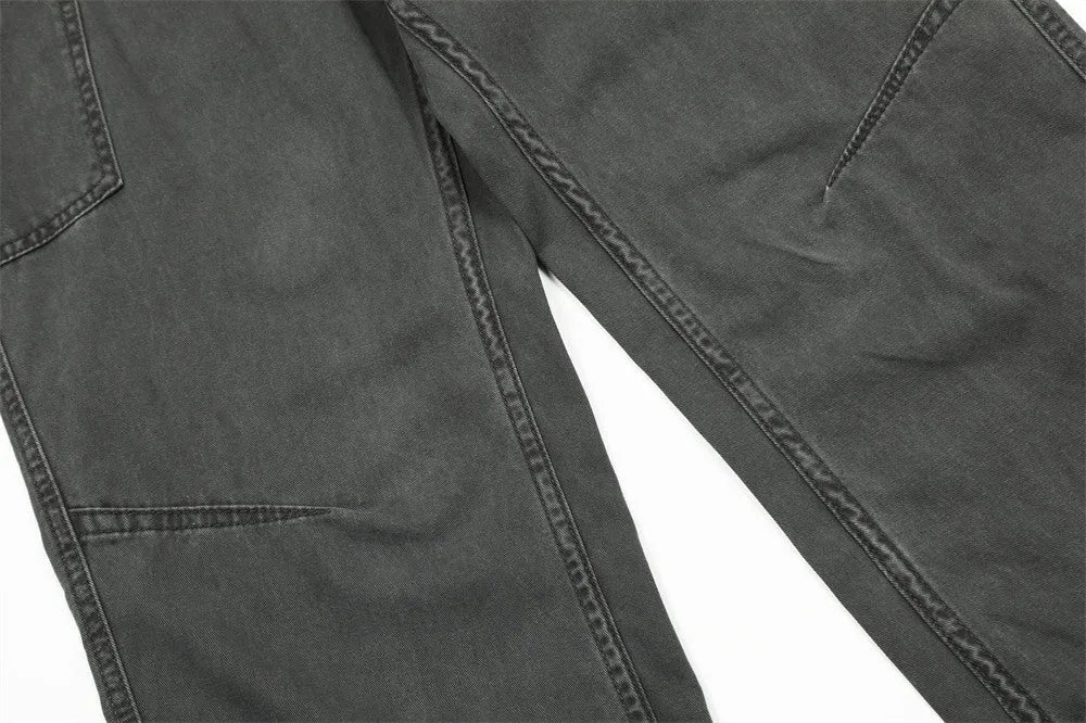 Men's loose casual cotton denim work trousers in black, dark green, and smoky gray, sizes S to XXL