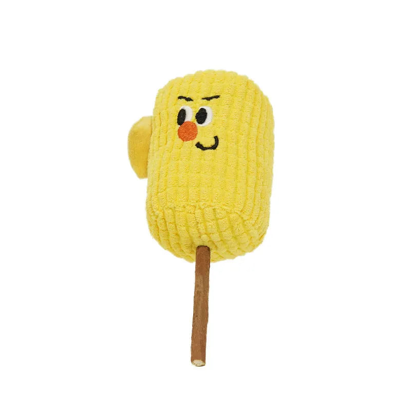 Corn cob shaped cat toy made from natural polio wood on a white background.
