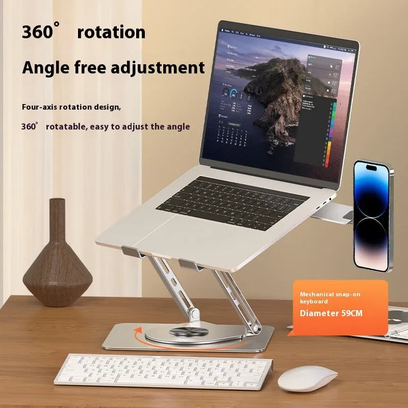 Silver carbon steel laptop stand with 360-degree rotation and a side-mounted magnetic mobile phone holder.