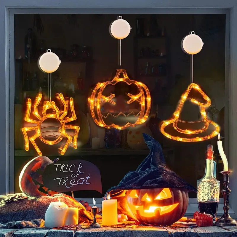 Seven Halloween-themed battery LED window lights with spiders, pumpkins, ghosts on suction cups