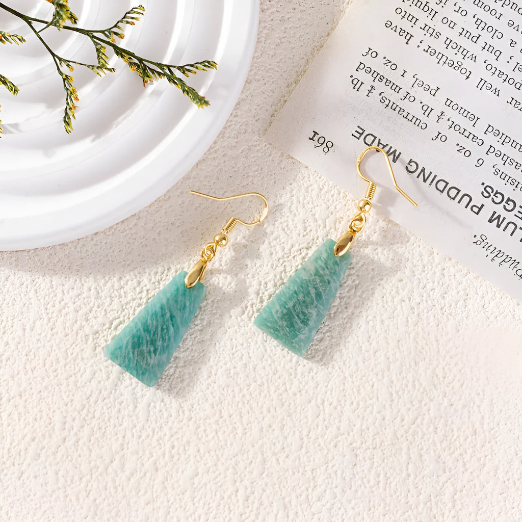 Amazonite rough stone trapezoid earrings with geometric design in gold and silver tone settings