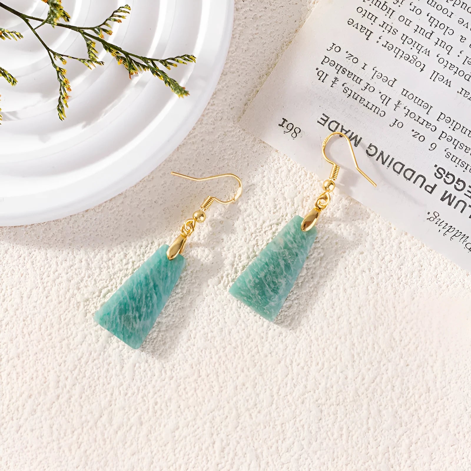 Amazonite rough stone trapezoid earrings with geometric design in gold and silver tone settings