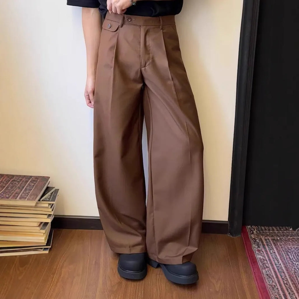 Men's straight-leg loose wide-leg casual suit trousers in black or brown colour.
