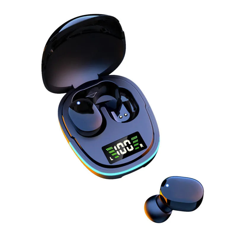 Black wireless Bluetooth headphones with charging case showing digital battery display
