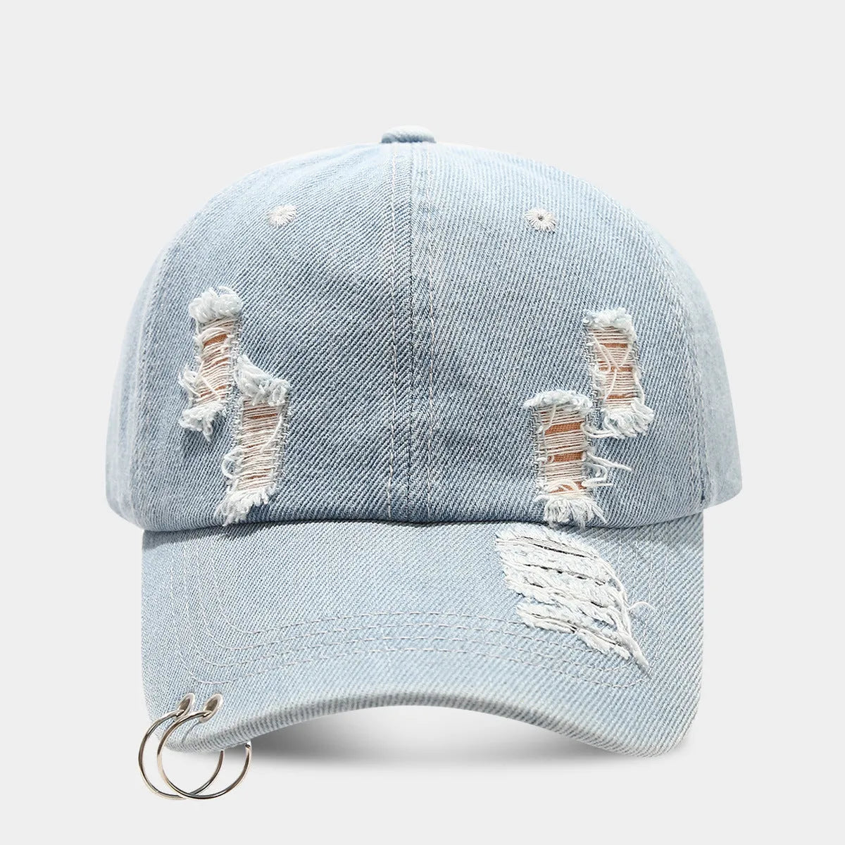Men's adjustable denim peaked cap in black, white, and light blue jeans colours with dome crown