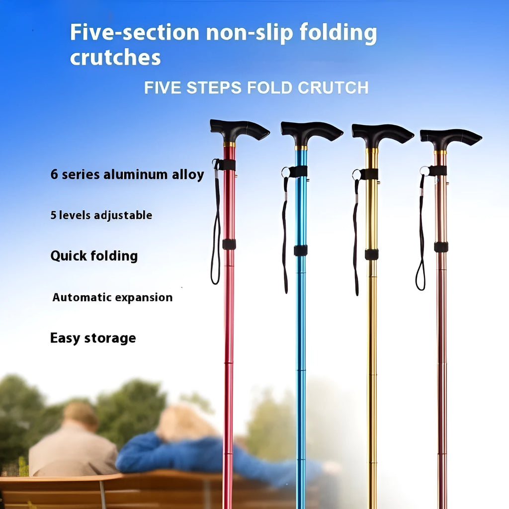 Aluminium folding walking cane extended to show adjustable length and non-slip rubber tip