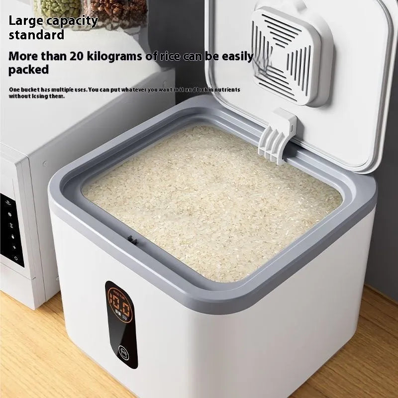 Grey plastic sealed rice storage jar with lid and a measuring cup, shown in three size options.