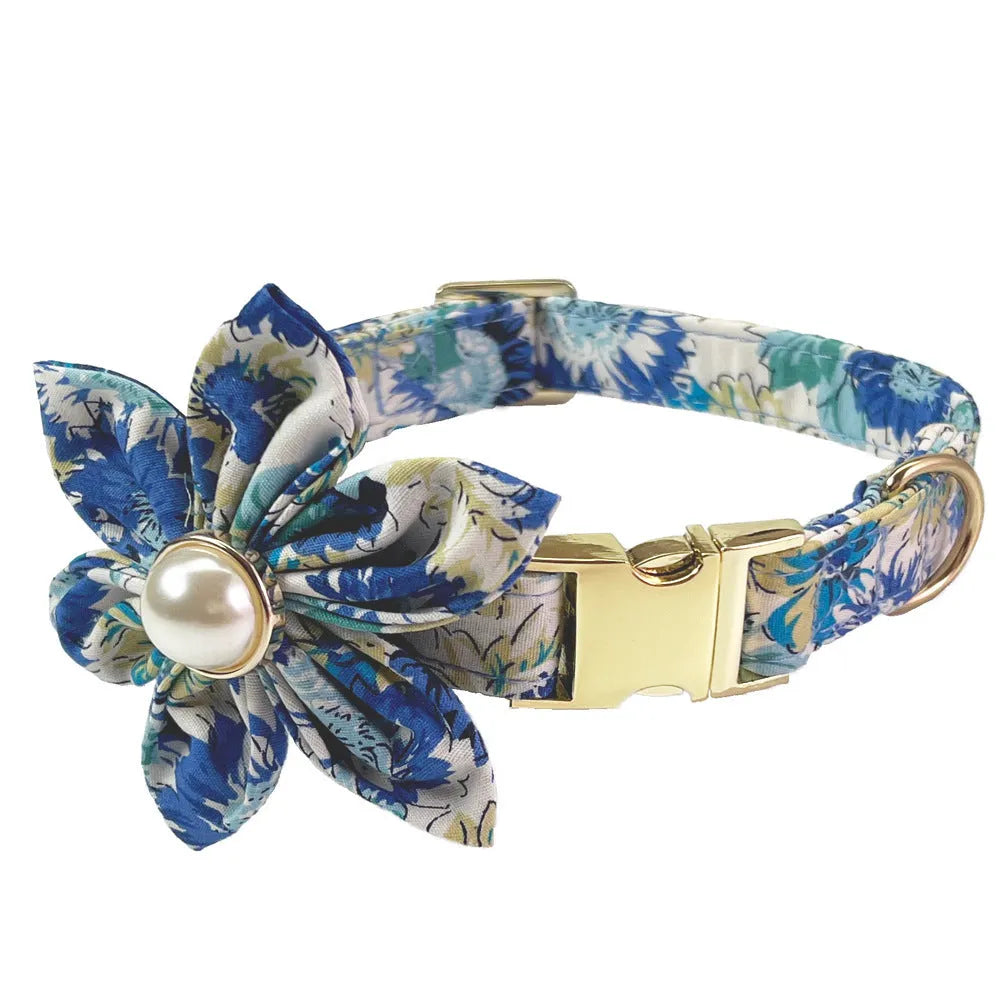 Cotton metal floral dog collar and matching hand-holding rope leash for medium to large dogs