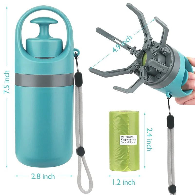 Blue plastic portable dog pooper scooper with built-in bag dispenser and eight-claw shovel