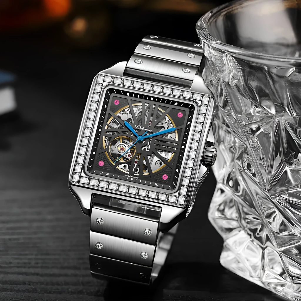 Men's square automatic watch with diamond-studded design on steel belt