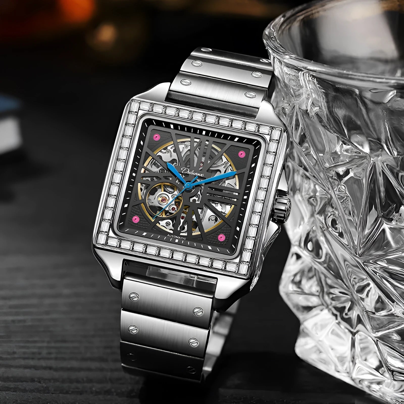 Men's square automatic watch with diamond-studded design on steel belt
