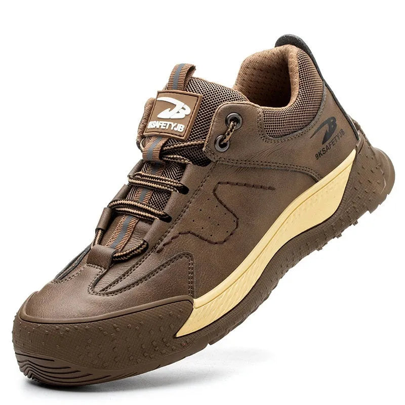 Leather and Flyknit work safety shoe with rubber sole shown in black, khaki, and grey colours