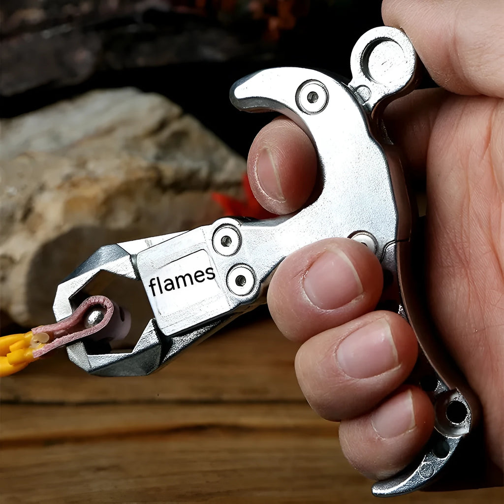 Zinc alloy archery release aid component with a two-axis harpoon clip isolated on a white background.