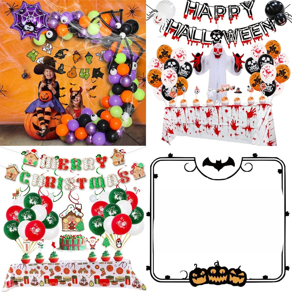 Halloween decoration balloon set with skull and pumpkin shapes in white and black colours including spider balloon arch