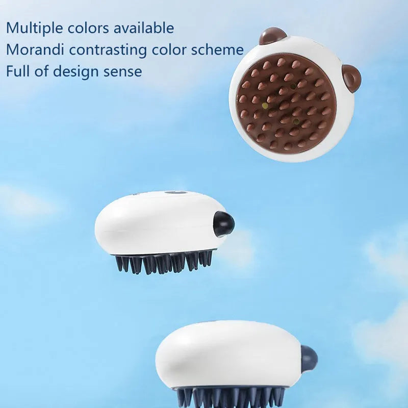 Panda-shaped silicone pet bath brush with soft bristles for cleaning cats and dogs.
