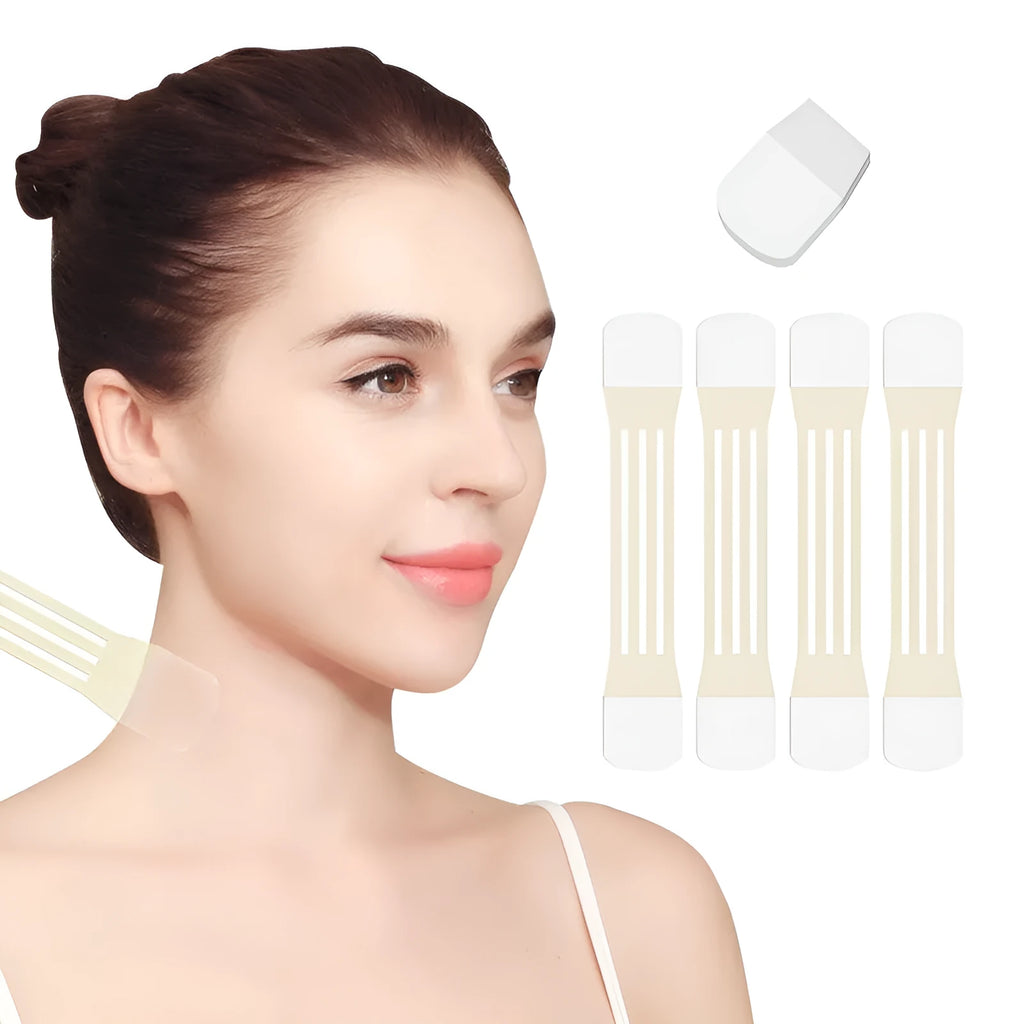 Skin tone neck firming adhesive patches and V27 pattern sling laid out on table
