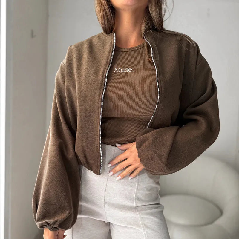 Women's off-shoulder short coat with lantern sleeves in milky white and brown colour options