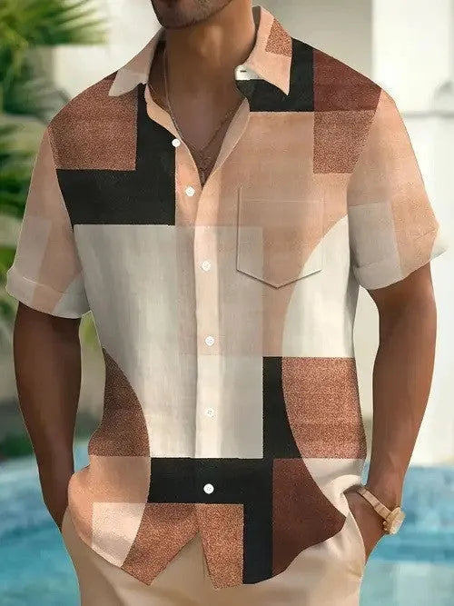 Classic retro men's shirt with geometric contrast colour block and square 3D printed pattern, loose cardigan fit, short sleeves