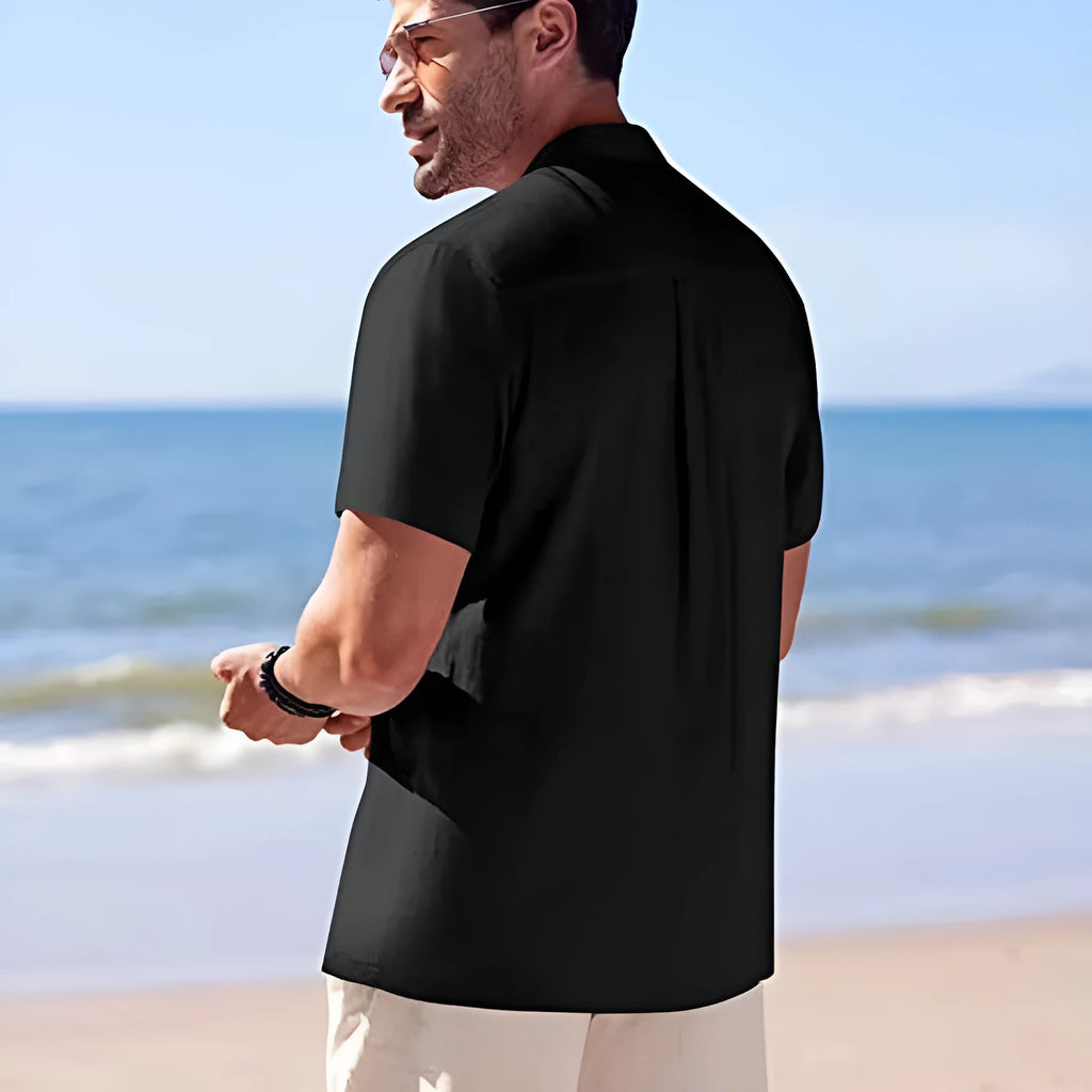 Men's short-sleeved casual shirt top in khaki cotton with fold craft sleeves, front view