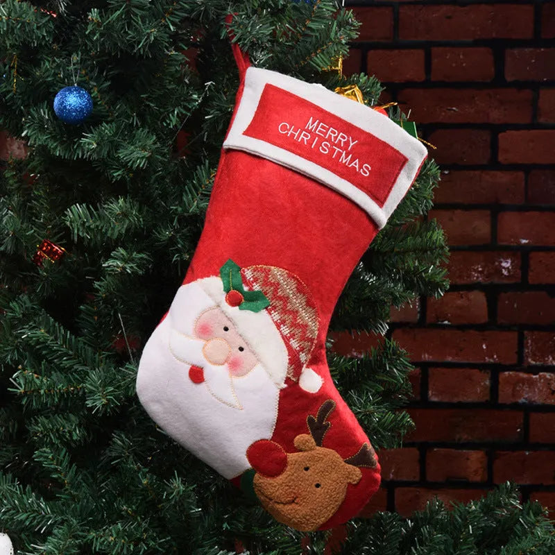 Handmade non-woven Christmas candy stocking with elk, snowman, and grandfather designs