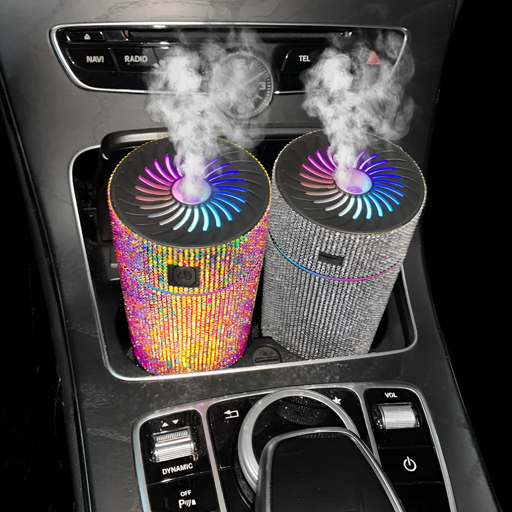 Car dashboard mounted air humidifier in white diamond colour with USB power cord