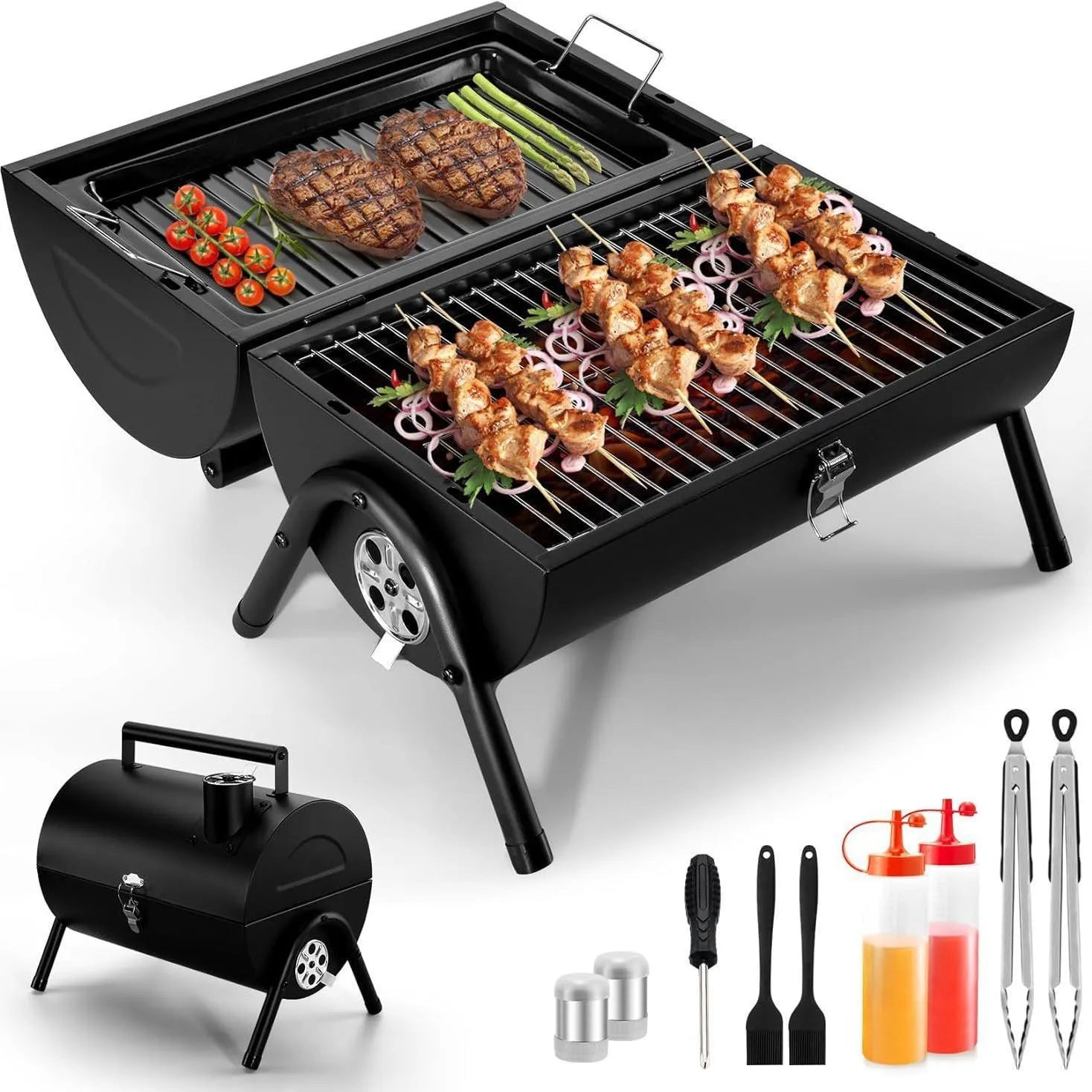 Small folding desktop charcoal barbecue stove with grill for outdoor cooking