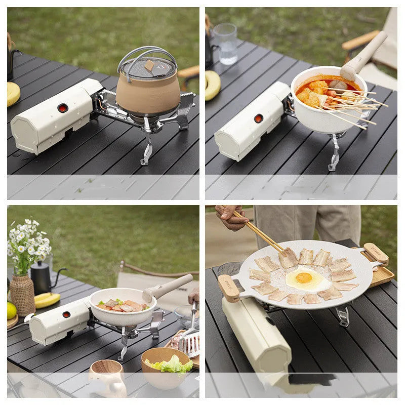 Green portable folding camping gas stove shown open for cooking and folded with its carry bag.