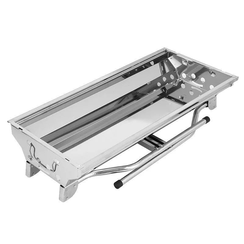 Stainless steel portable folding barbecue grill oven for outdoor cooking.