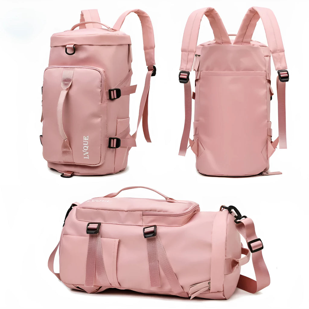 Waterproof convertible gym backpack shown in multiple carrying modes with separate shoe compartment and security lock