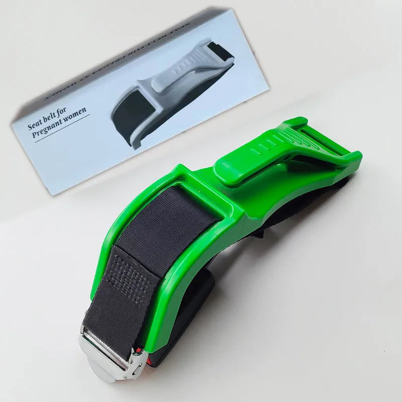 Black pregnancy safety belt with anti-strangulation design and metal buckle on adjustable ABS polyester strap