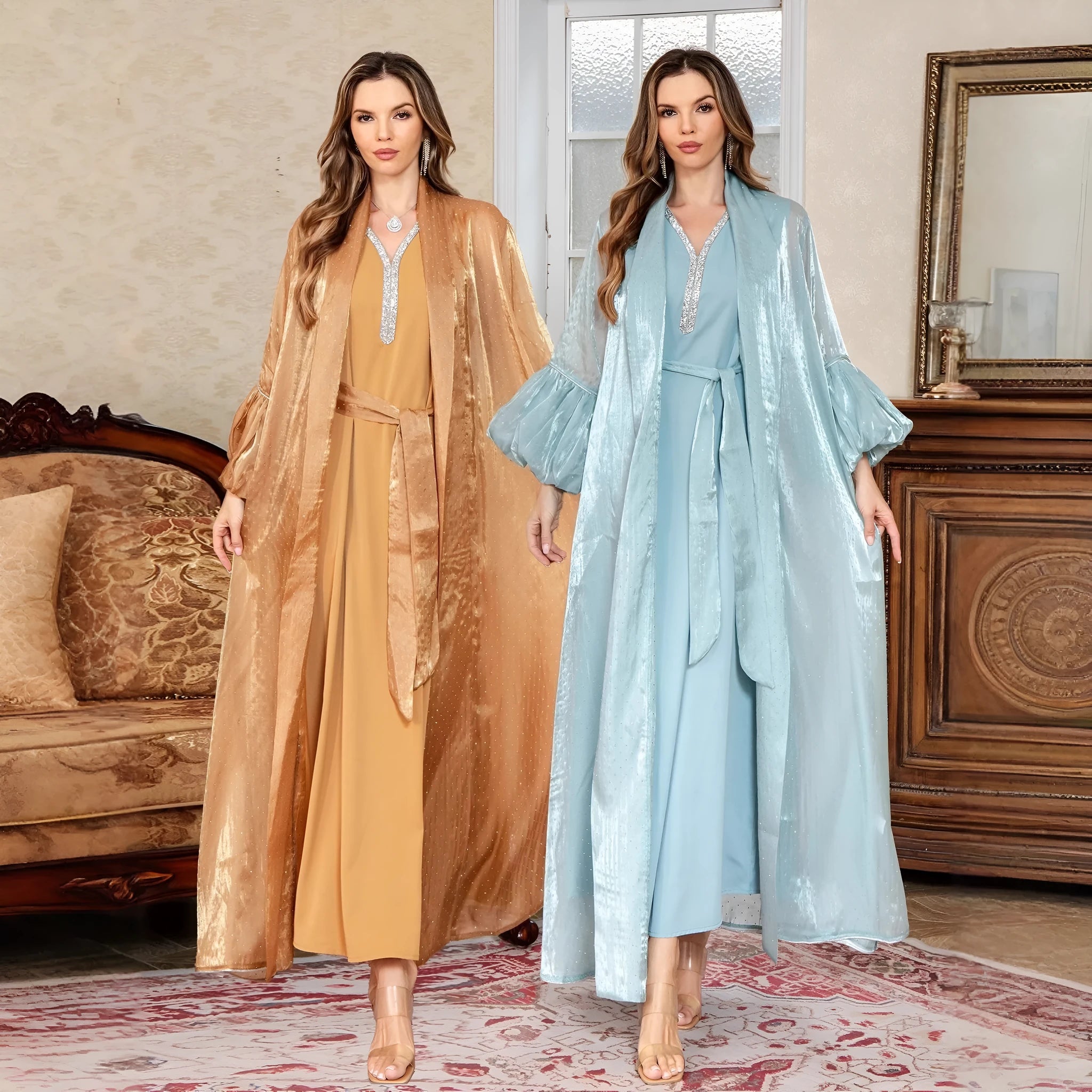 Brown two-piece dress set with rhinestone detailing and long sleeves