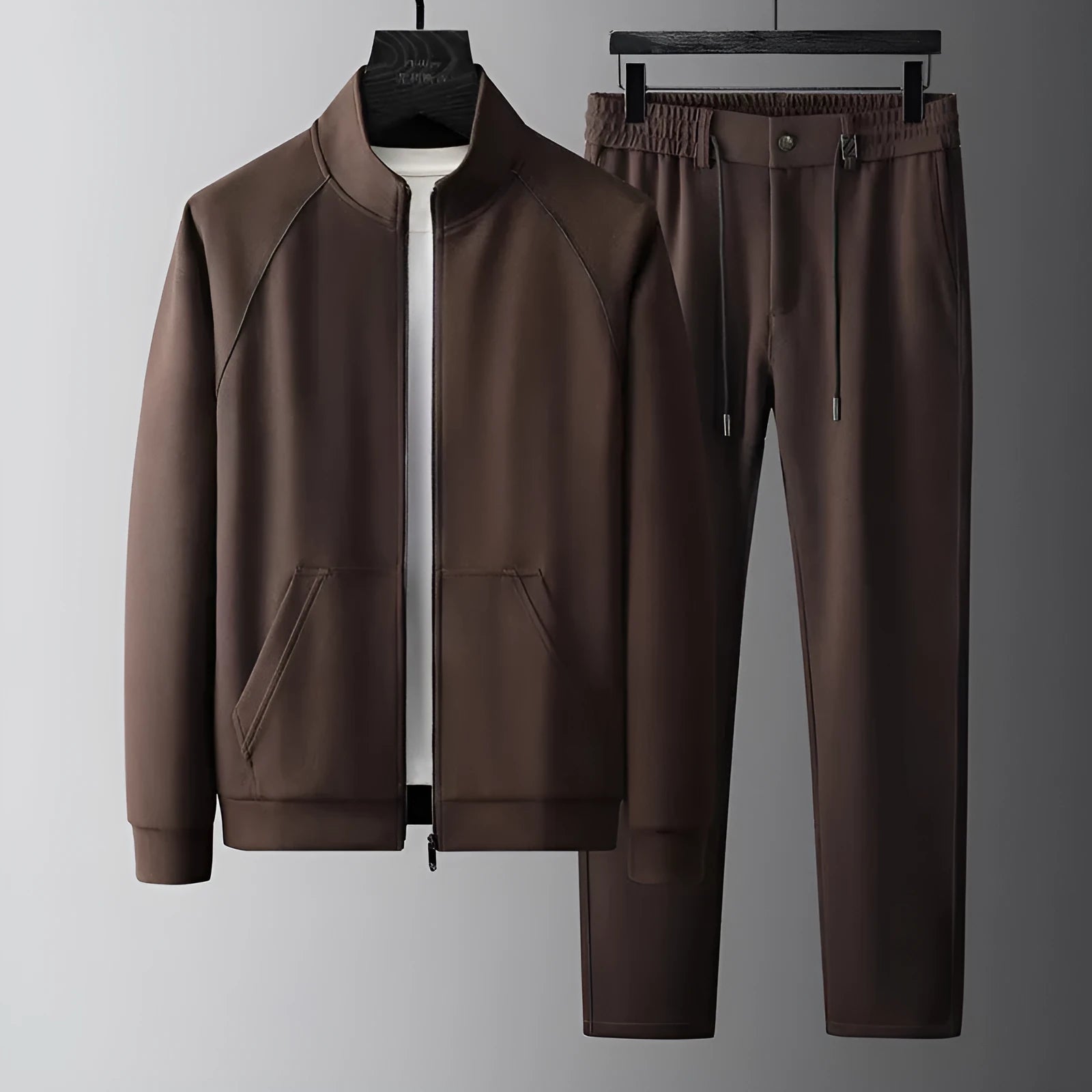 Men's stand collar slim fit casual sport suit in black with matching trousers