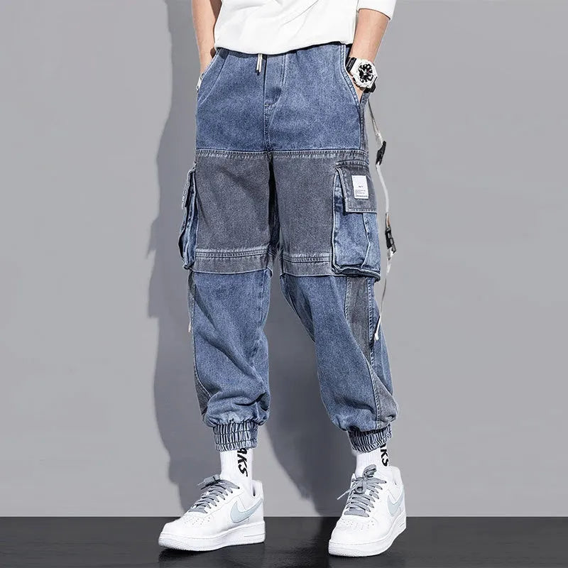 Men's loose hip-hop workwear jeans in gray blue, 99% polyester, size 2XL shown