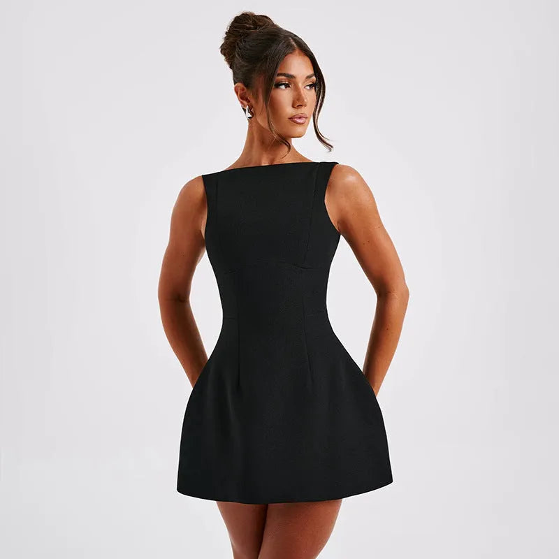 Backless sleeveless short summer dress in slim-fitting polyester fabric.