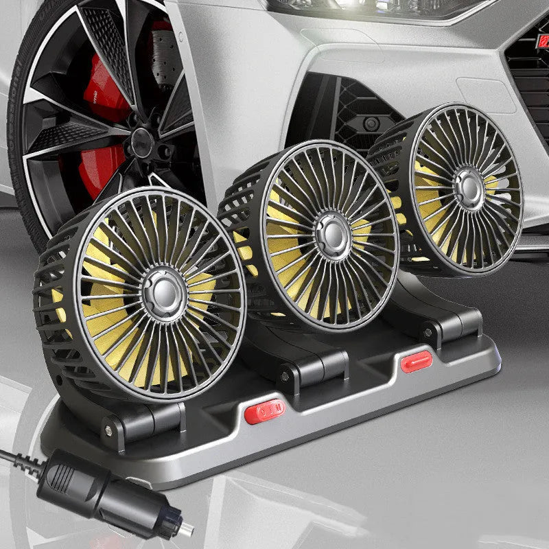12V three-head adjustable car cooling fan with cigarette lighter plug on a 1.3m cable.